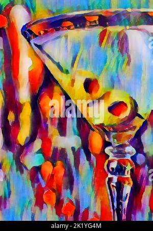 Un martini avec deux olives est vu dans une peinture numérique abstraite d'aquarelle. Banque D'Images
