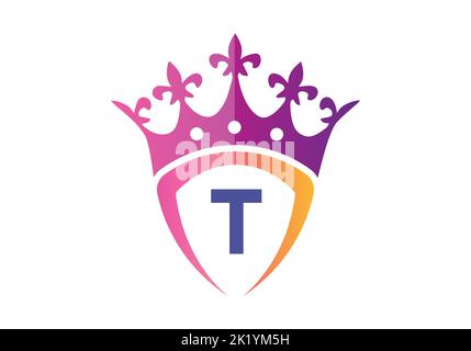 Lettre T, alphabet monogramme avec modèle de logo Shield et Crown. Illustration de Vecteur
