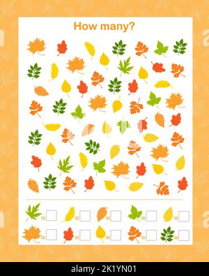 Combien compte le jeu éducatif pour les enfants avec des feuilles d'automne, les éléments de conception, l'illustration aquarelle, puzzle éducatif, feuille de travail imprimable pour les enfants, jeu de loisirs ou d'étude, les ressources des enseignants Illustration de Vecteur