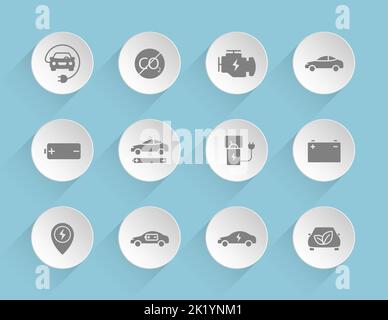 icônes de vecteur de voiture écologique sur des cercles de papier bouffis ronds Illustration de Vecteur
