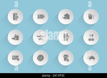 icônes vectorielles de livraison de nourriture sur des cercles de papier bouffés ronds Illustration de Vecteur