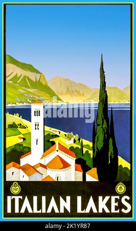 Vintage Travel Poster 1900's Italie LITHOGRAPHIE DES LACS ITALIENS en couleur, vers 1928, imprimé par Modiano-Triest, Banque D'Images