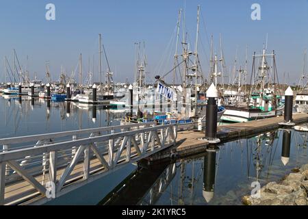 Bateau de pêche amarré dans le port de Crescent City, panneau 'Tune', pêcheur vendant leurs poissons Albacore Tune 'Thunnus alalunga' . Banque D'Images