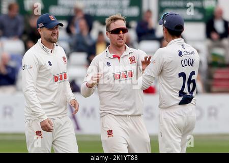 Simon Harmer d'Essex fête avec ses coéquipiers après avoir pris le cricket de Matt Parkinson pendant le CCC d'Essex contre CCC du Lancashire, LV Insurance County Banque D'Images