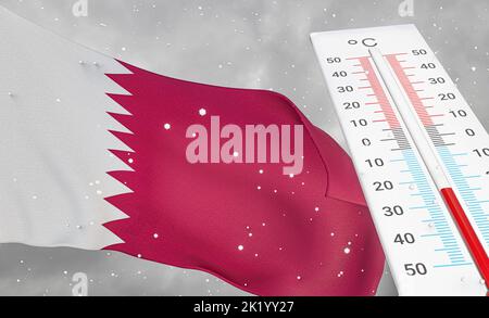 Hiver au Qatar avec froid sévère, température négative, saison froide au Qatar, temps le plus froid au Qatar, drapeau Qatar avec thermomètre. 3D travail Banque D'Images