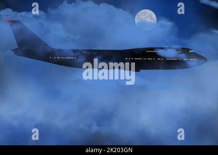 Un avion de ligne, un passager, est vu voler à travers les nuages et la nuit avec une pleine lune se brisant à travers les nuages et le brouillard dans une illustration de 3-d. Banque D'Images