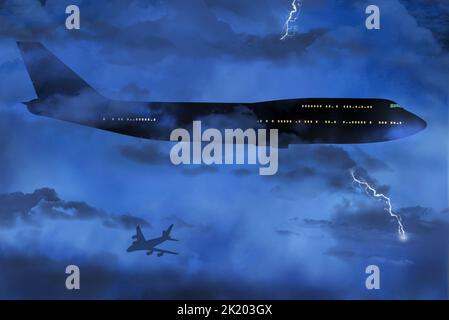 Dans cette illustration de 3 jours, un avion de transport de passagers est vu voler par mauvais temps à travers une tempête avec des éclairs la nuit. Banque D'Images