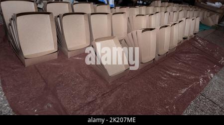 Cardboard boxes prepared for lunch packets in domestic Stock Photo