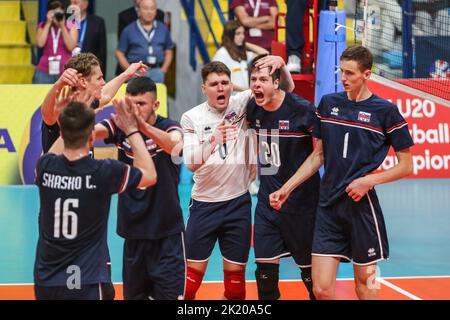 Exultation de l'équipe de Slovaquie. Pendant U20 Championnat d'Europe - France contre Slovaquie, les Intenationals de Volleyball à Montesilvano/Vasto, Italie, 21 septembre 2022 Banque D'Images