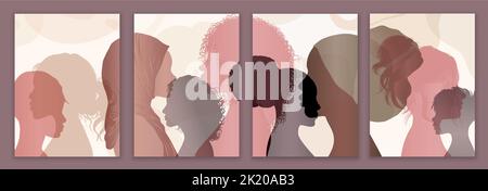 Groupe de communication de la diversité multiculturelle les femmes et les filles font face à un profil silhouette. Communauté de réseau social féminin de culture diversifiée. Affiche Illustration de Vecteur