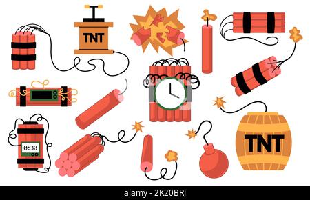 Jeu de dessins animés de dynamite et d'explosifs tnt avec minuterie et fusible. Collecte de bombes incendiaires et d'armes dangereuses à détruire. Icônes de jeu pour la destruction a Illustration de Vecteur
