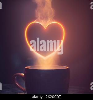 Une tasse de café frais ou une boisson chaude au coeur éclatant à la vapeur de la boisson chaude. Banque D'Images