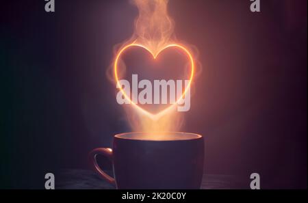 Un concept chaleureux et créatif d'aimer une tasse de café ou de chocolat chaud avec une forme de coeur vif fait à partir de la vapeur de vapeur de boissons. Banque D'Images