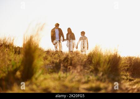 Golden Family Times. Photo en longueur d'une jeune famille marchant ensemble au coucher du soleil Banque D'Images