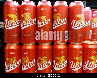 Union beer cans in a supermarket Stock Photo