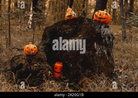 Halloween décoration dans la forêt. Symboles des vacances d'automne : lampe, citrouille-lanterne, bougies, feuilles colorées, obscurité. Banque D'Images