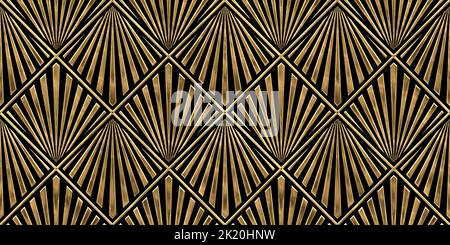 Seamless golden Art Deco diamond palm fan line pattern. Vintage roaring 20s abstract geometric gold plated relief sculpture on dark black background. Stock Photo