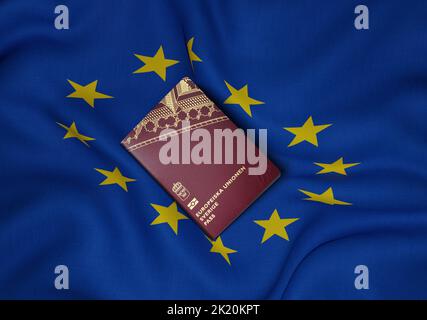Sweden passport with European Union flag in background ,swedish passports are issued to nationals of Sweden for the purpose of international travel Banque D'Images