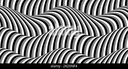 Seamless retro sea wave pattern in black and white monochrome greyscale. Tileable horizontal wavy stripe surface design motif background texture for f Stock Photo