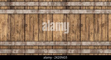 Seamless wooden beer or whiskey barrel with metal straps background texture. Tileable wine cask pattern with rustic oak wood planks and rusted iron tr Stock Photo