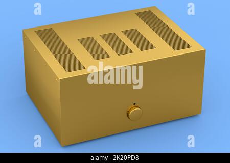 Chaîne hi-Fi avec platine et amplificateur pour Home Cinéma sur fond bleu. Banque D'Images