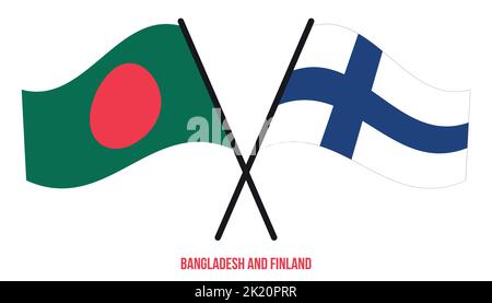 Les drapeaux du Bangladesh et de la Finlande sont croisés et ondulés de style plat. Proportion officielle. Corriger les couleurs. Illustration de Vecteur