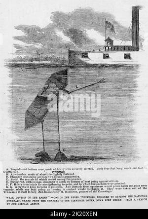 "Les dispositifs faibles de l'ennemi" - une des torpilles Rebel, conçue pour détruire les canots nationaux, pris du canal de la rivière Tennessee, près de fort Henry. Mars 1862. Illustration de la guerre de Sécession américaine du 19th siècle tirée du journal illustré de Frank Leslie Banque D'Images