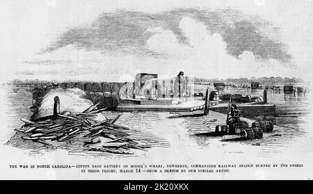 La guerre en Caroline du Nord - batterie de balles de coton sur le quai de Moore, à New Berne, commandant le pont ferroviaire brûlé par les rebelles dans leur vol, 14 mars 1862. Illustration de la guerre de Sécession américaine du 19th siècle tirée du journal illustré de Frank Leslie Banque D'Images