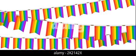 Guirlande LGBT. Chaîne de fanions de couleur arc-en-ciel. Décoration de fête. Drapeaux de célébration pour la décoration de fierté. Pied de page et arrière-plan de la bannière Illustration de Vecteur