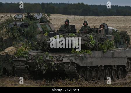 NOWA DEBA, POLOGNE. 21 septembre 2022. Des soldats de Pologne, des États-Unis et de Grande-Bretagne participent à l'exercice militaire conjoint 'BEAR 22' (en polonais : NIEDZWIEDZ 22') à Podkarpacie, dans l'est de la Pologne. Les exercices dureront jusqu'à vendredi et visent à renforcer l'interopérabilité et la coopération avec les alliés. Crédit : ASWphoto/Alamy Live News Banque D'Images