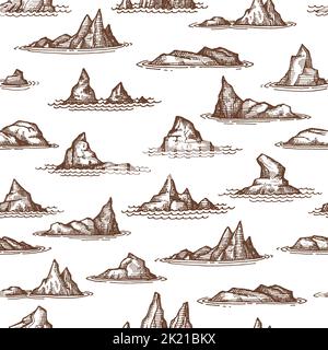 Roches aberrantes, récifs et échalotes motif sans couture, fond vectoriel. Récifs marins ou pierres d'île d'océan et rochers de plage avec falaises de côte et montagnes en vagues d'eau, croquis monochrome motif Illustration de Vecteur