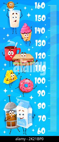 Tableau des hauteurs pour enfants. Personnages de petit déjeuner de dessin animé. Taille des enfants échelle centimétrique, règle de mesure de la hauteur ou compteur vectoriel avec verre de lait, cupcake et sandwich, beignet, tasse de café gai nourriture personnes Illustration de Vecteur