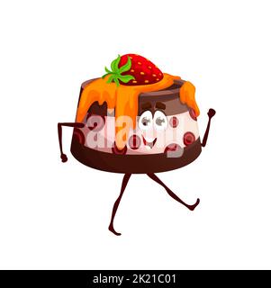 Personnage de dessert au chocolat animé. Pâtisserie vectorielle amusante avec chocolat, gelée, crème de garniture et fraise. Bonbons personnel avec visage souriant. Gâteau, Kawaii alimentaire de confiserie de bakehouse Illustration de Vecteur