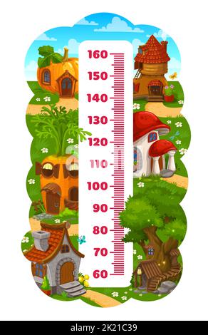 Règle de tableau de hauteur pour enfants avec gnome de dessin animé et maisons d'orf. Vecteur mesure mètre de la croissance de l'enfant, joli mur autocollant avec village de fées, mètre échelle et maisons en champignons, carotte, arbre et chaussure Illustration de Vecteur