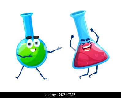 Personnages de flacons chimiques d'école mignons de dessin animé. Personnages de tubes à essai vectoriels isolés, verrerie de laboratoire pour enfants en cours de chimie ou de cours. Des bouteilles amusantes avec des liquides verts et rouges et réjouissez-vous Illustration de Vecteur