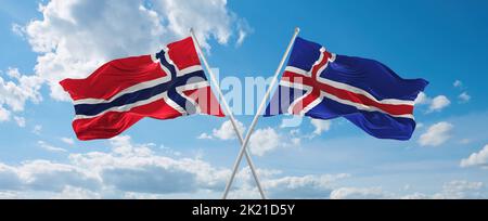 Deux drapeaux croisés l'Islande et la Norvège agitant sous le vent à ciel nuageux. Concept de relation, de dialogue, de voyage entre deux pays. 3d illustration Banque D'Images