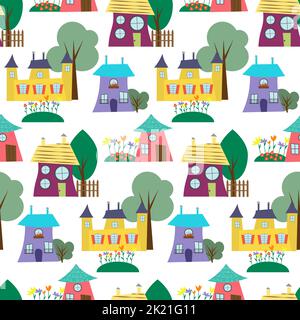 Modèle avec tracé urbain. Maisons colorées, arbres et lits de fleurs. Illustration vectorielle. Pour la papeterie, les sites Web et les pages Web, les sites Web, les imprimés, textil Illustration de Vecteur
