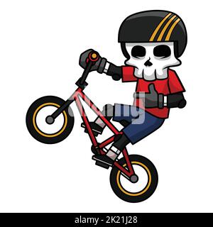 Crâne BMX Rider porte un casque et des coussins sur les genoux et les coudes faisant une Wheelie. Illustration du dessin animé du crâne. Illustration de Vecteur