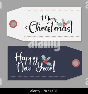 Modèle de Noël et étiquette cadeau. Étiquettes de carte bonne année et joyeux Noël avec décor. Illustration vectorielle, modèles de conception. Message d'accueil horizontal Illustration de Vecteur