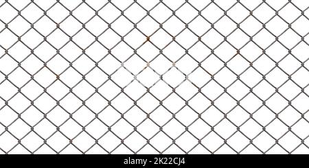 Seamless rusted chain link wire fence background texture isolated on white. Tileable metal diamond mesh urban fencing repeat surface pattern.  A high Stock Photo