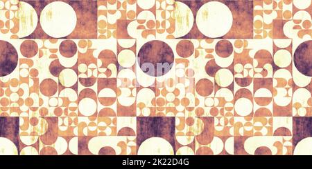 Retro 70s abstract geometric circles wallpaper pattern. Distressed and grungy hand painted watercolor seamless textile design background in warm vinta Stock Photo