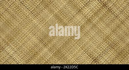Seamless realistic bamboo basket weave repeat pattern. Golden straw woven wicker rattan mat or thatch twill textile texture for fashion or interior de Stock Photo
