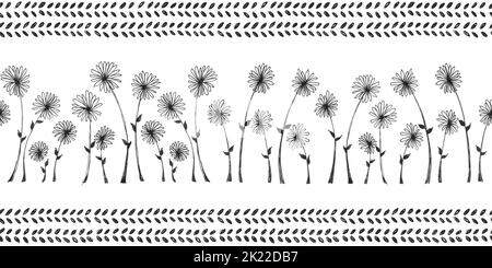 Seamless Pen and ink doodle flower pattern. Hand drawn botanical illustration with floral motif. Camomile, dandelion or daisy contemporary urban scrib Banque D'Images