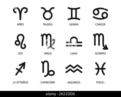 Symboles de l'horoscope. Constellations d'étoiles de 12 signes de zodiaque. Illustration vectorielle de signes astrologiques noirs pour le calendrier, horoscope isolé sur un dos Illustration de Vecteur