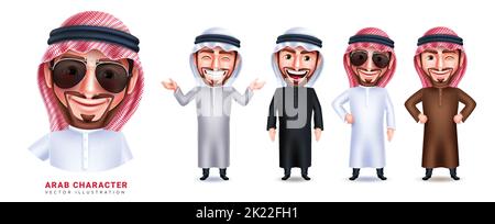 Jeu de caractères vecteur Arab man. Collection arabe masculin dans l'expression amicale et pose debout pour les personnages d'affaires. Illustration vectorielle. Illustration de Vecteur