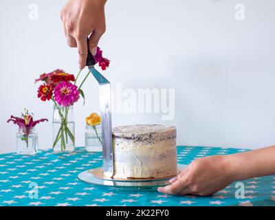 Femme étalant le glaçage pour couvrir le dessus du gâteau. Cuisine maison, faite à la main. Temps libre en quarantaine. Les mains des femmes nivelant la crème à l'aide d'une spatule et Banque D'Images