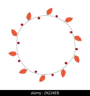 Illustration de cercle isolé vectoriel avec couronne bonacale plate. Cadre rond avec branche d'arbre avec feuilles d'orange et baies rouges. Décoration d'orme organique Illustration de Vecteur