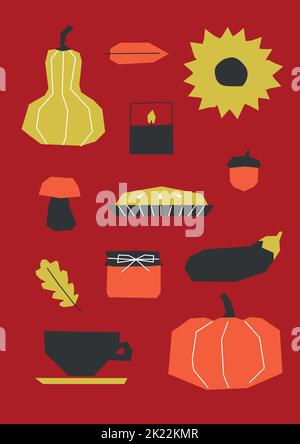 Concept Vector Flat avec éléments géométriques de cuisine et de nourriture. La carte de vœux comporte un ensemble de symboles de l'heure d'automne. L'affiche est décorée par une tasse de thé, pumpk Illustration de Vecteur