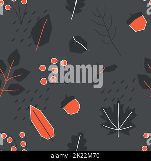 Motif vectoriel sans couture avec éléments botaniques plats. Symboles géométriques de la nature d'automne - branches de feuilles, baies, noix. Automne décoratif orange Illustration de Vecteur