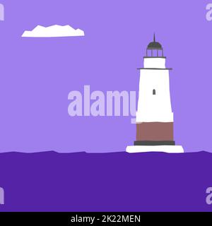 Illustration vectorielle de style plat avec mer bleue et nuage sur le ciel. Le phare solitaire blanc se trouve sur l'île. Design géométrique minimaliste. Illustration de Vecteur